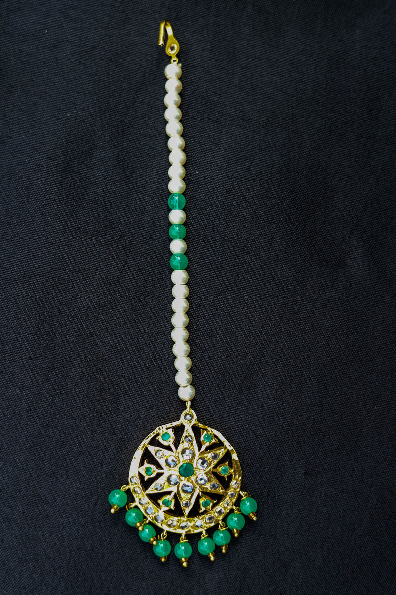 6 carat gold platted white and green polki with white pearl string small tikka