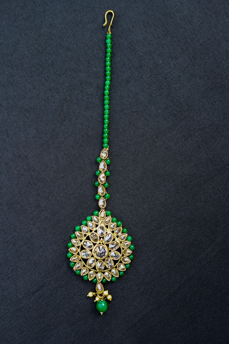 Kundan gold with green pearls oval shape big tikka