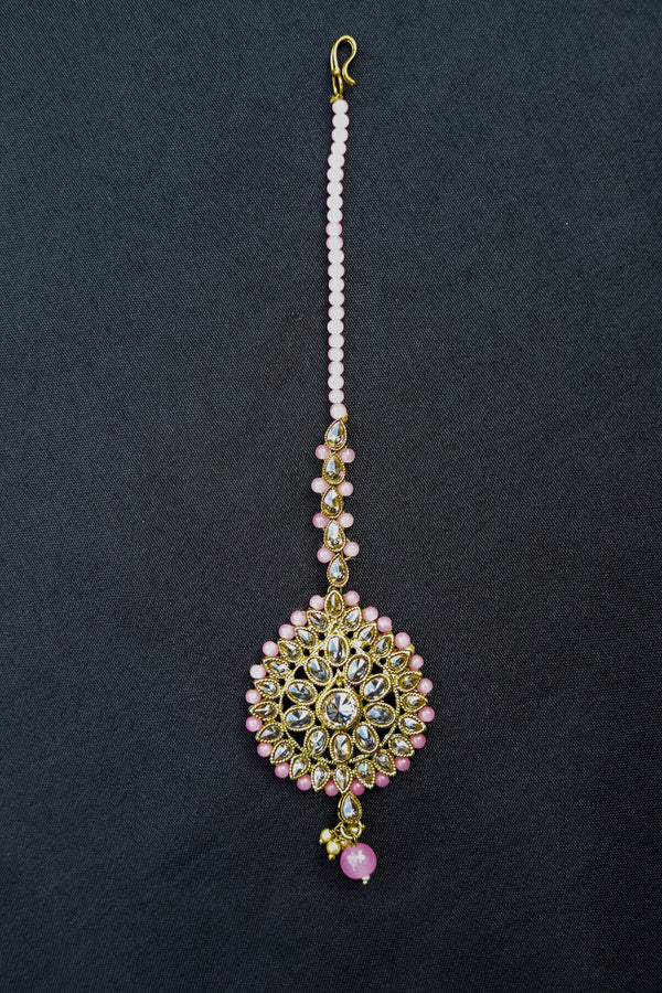 Kundan gold with pink pearls oval shape big tikka