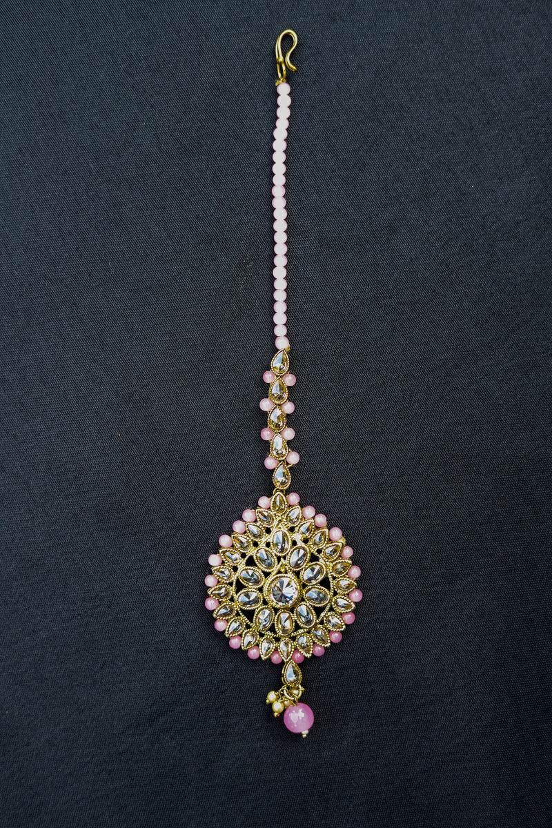 Kundan gold with pink pearls oval shape big tikka