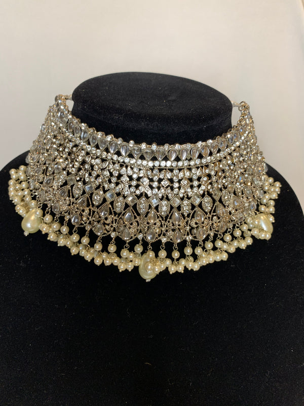 Broad Choker with Silver Polish with Tikka and Jhoomar