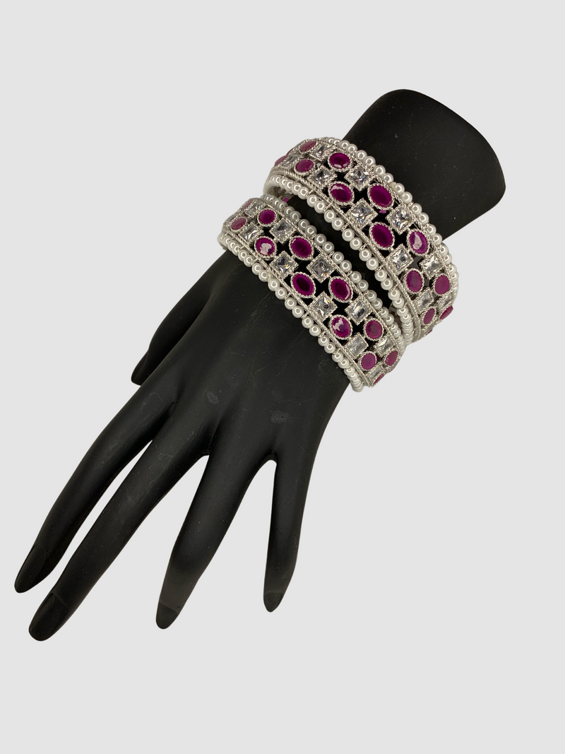 Silver White and Ruby Pink with Pearls Kada