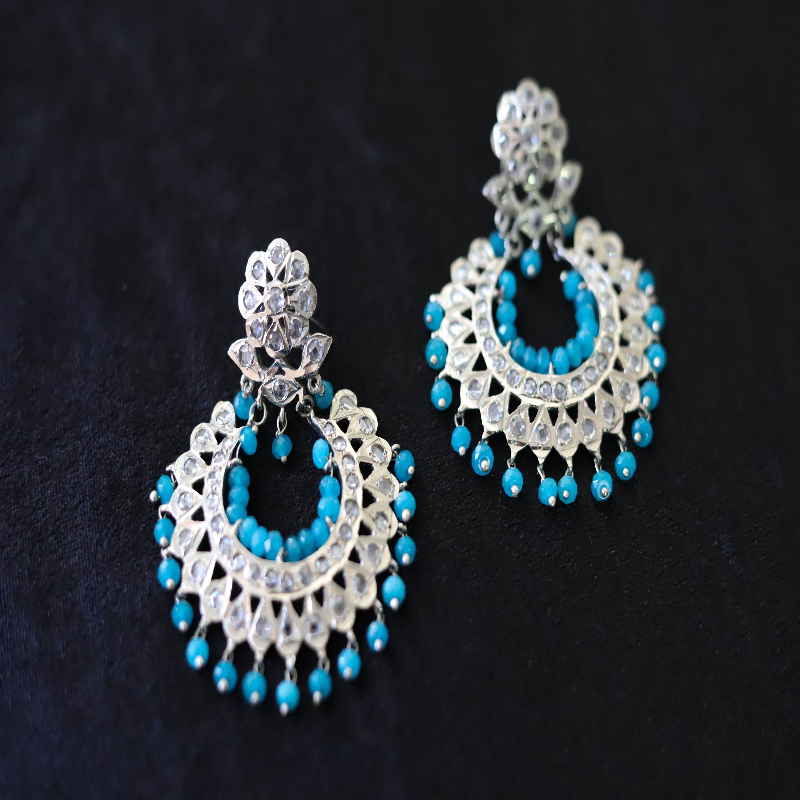 Silver Plated Chandbali Earrings with Blue Beads